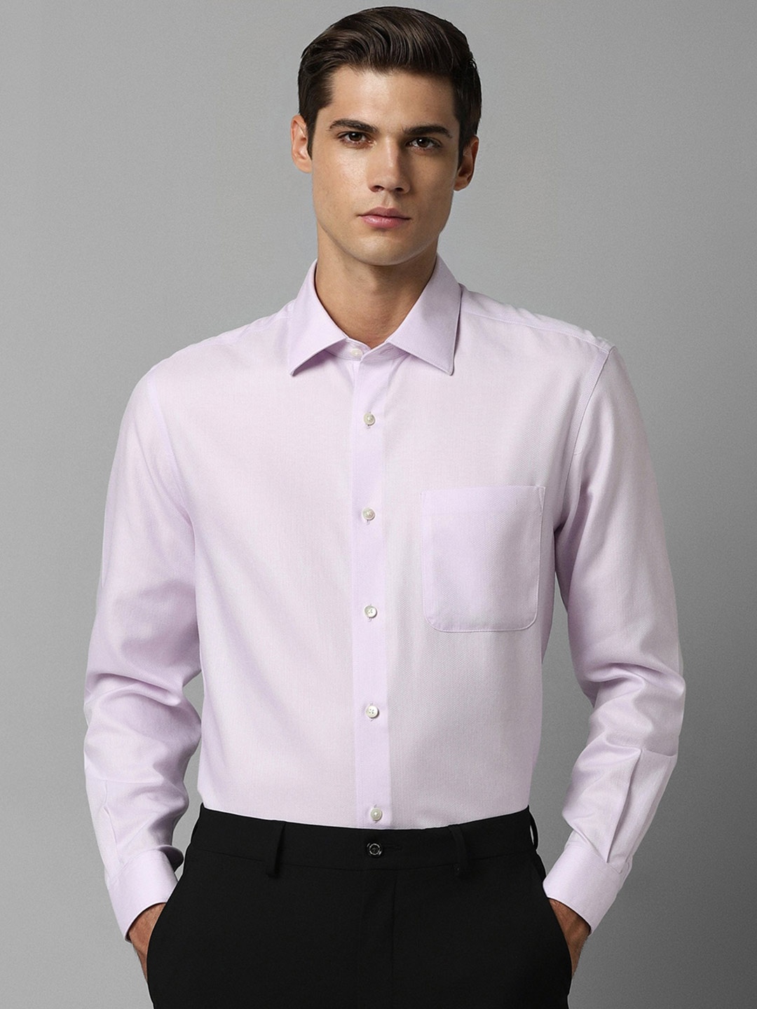 

Louis Philippe Micro Disty Self Design Pure Cotton Formal Shirt, Purple