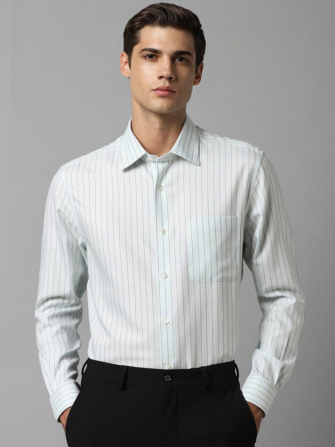 

Louis Philippe Classic Vertical Striped Spread Collar Pure Cotton Formal Shirt, Green