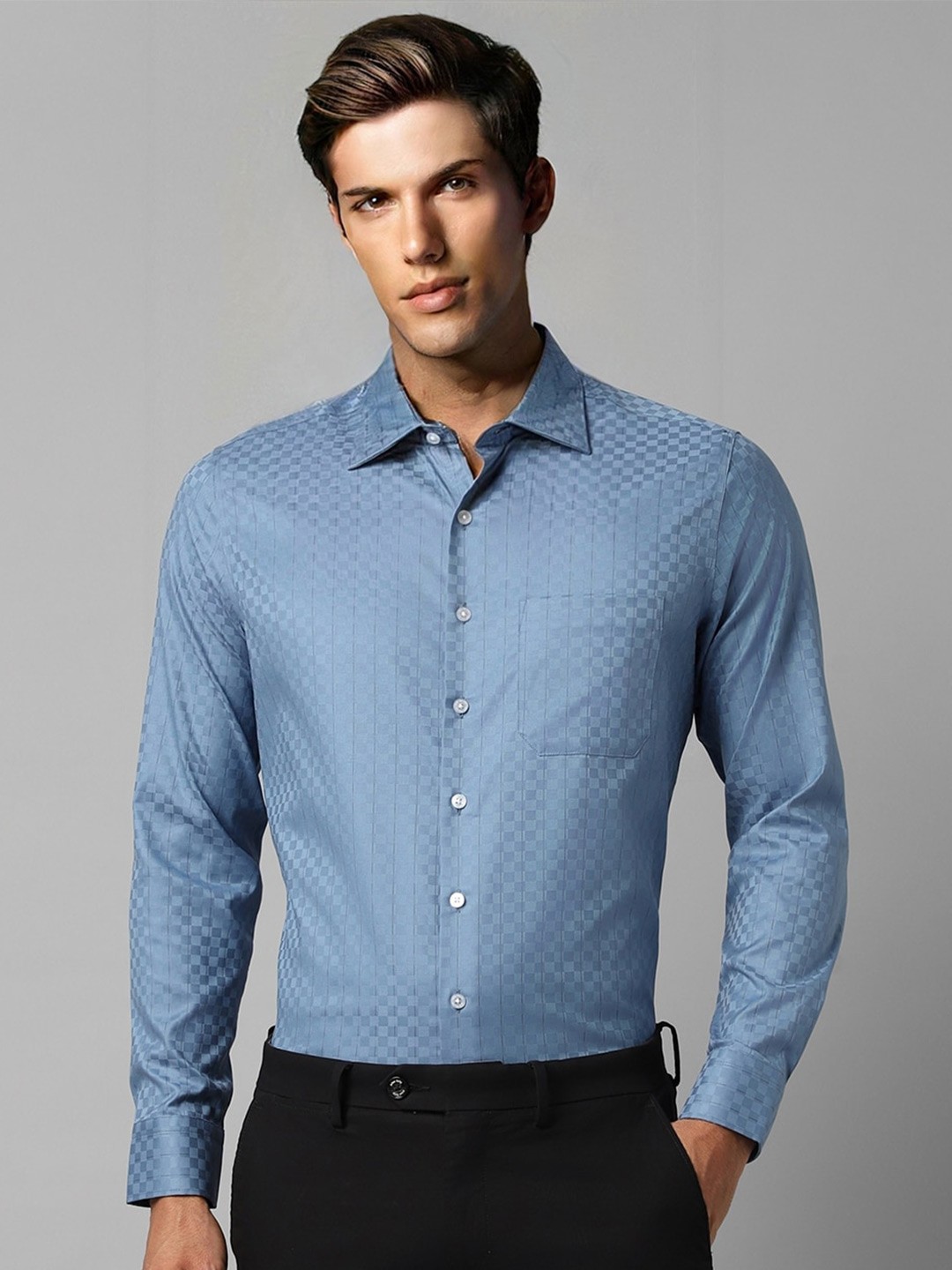 

Louis Philippe Slim Fit Self Deign Textured Spread Collar Chest Pocket Formal Shirt, Blue