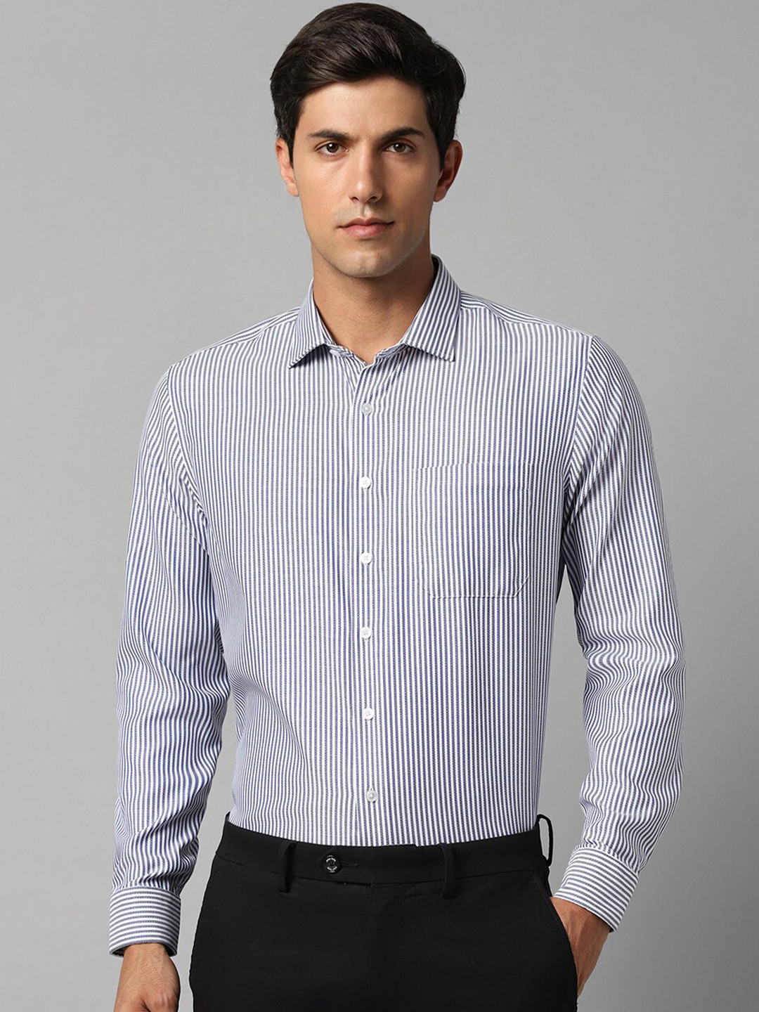 

Louis Philippe Slim Fit Vertical Stripes Cotton Formal Shirt, Blue