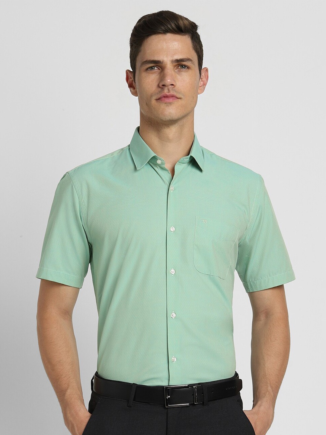 

Peter England Spread Collar Short Sleeves Formal Shirt, Green