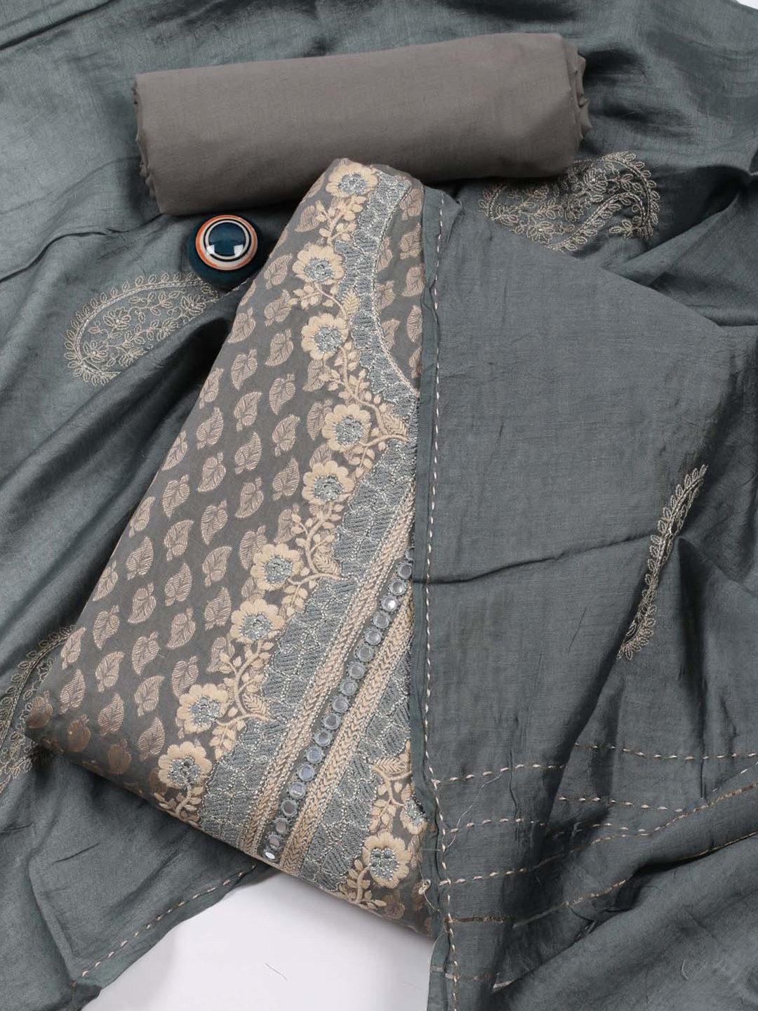 

Meena Bazaar Ethnic Motifs Printed Art Silk Unstitched Dress Material, Grey