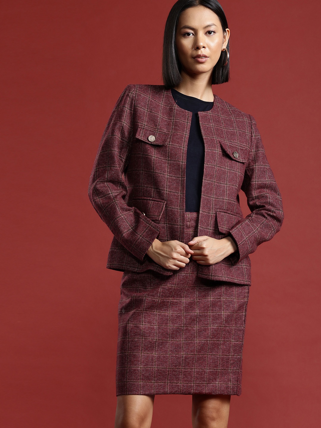 

all about you Checked Front-Open Formal Blazer & Skirt Set, Maroon