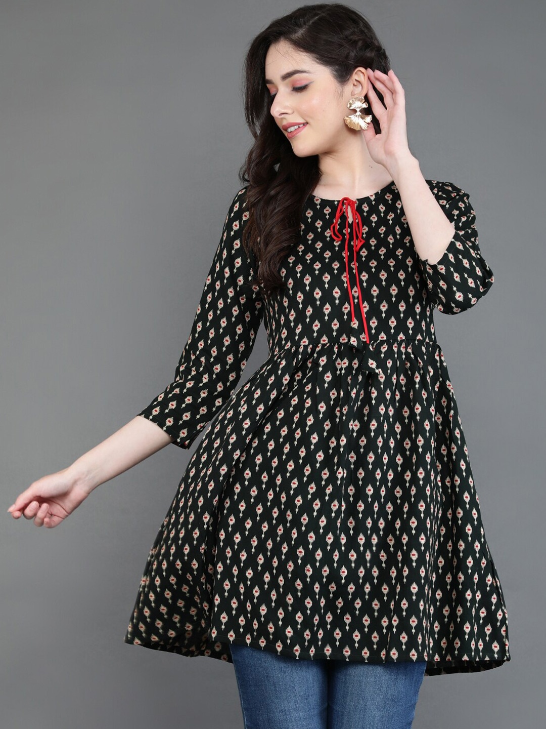

antaran Ethnic Motifs Printed Tie Up Neck Tunic, Black