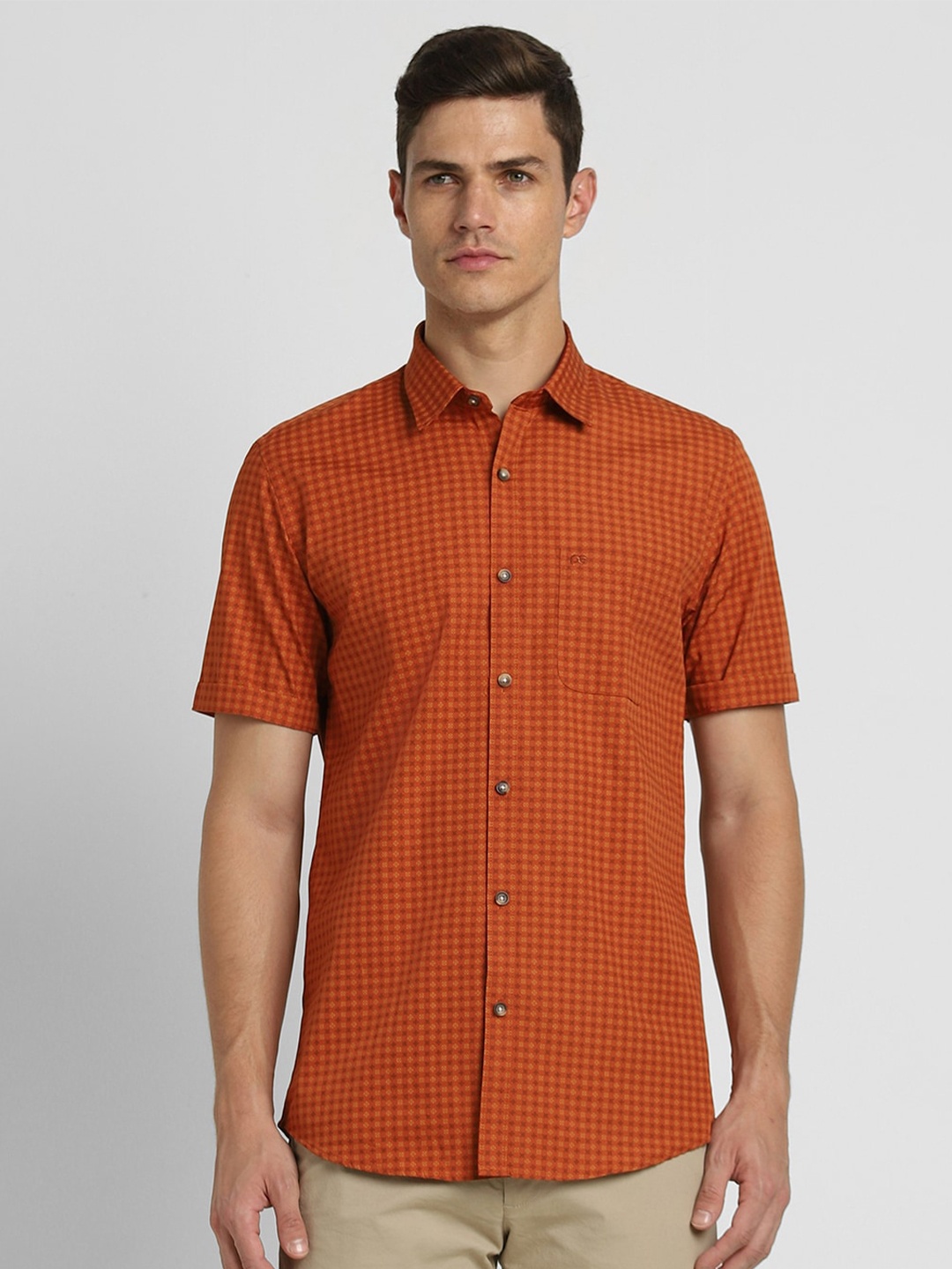 

Peter England Casuals Slim Fit Opaque Checked Pure Cotton Casual Shirt, Orange