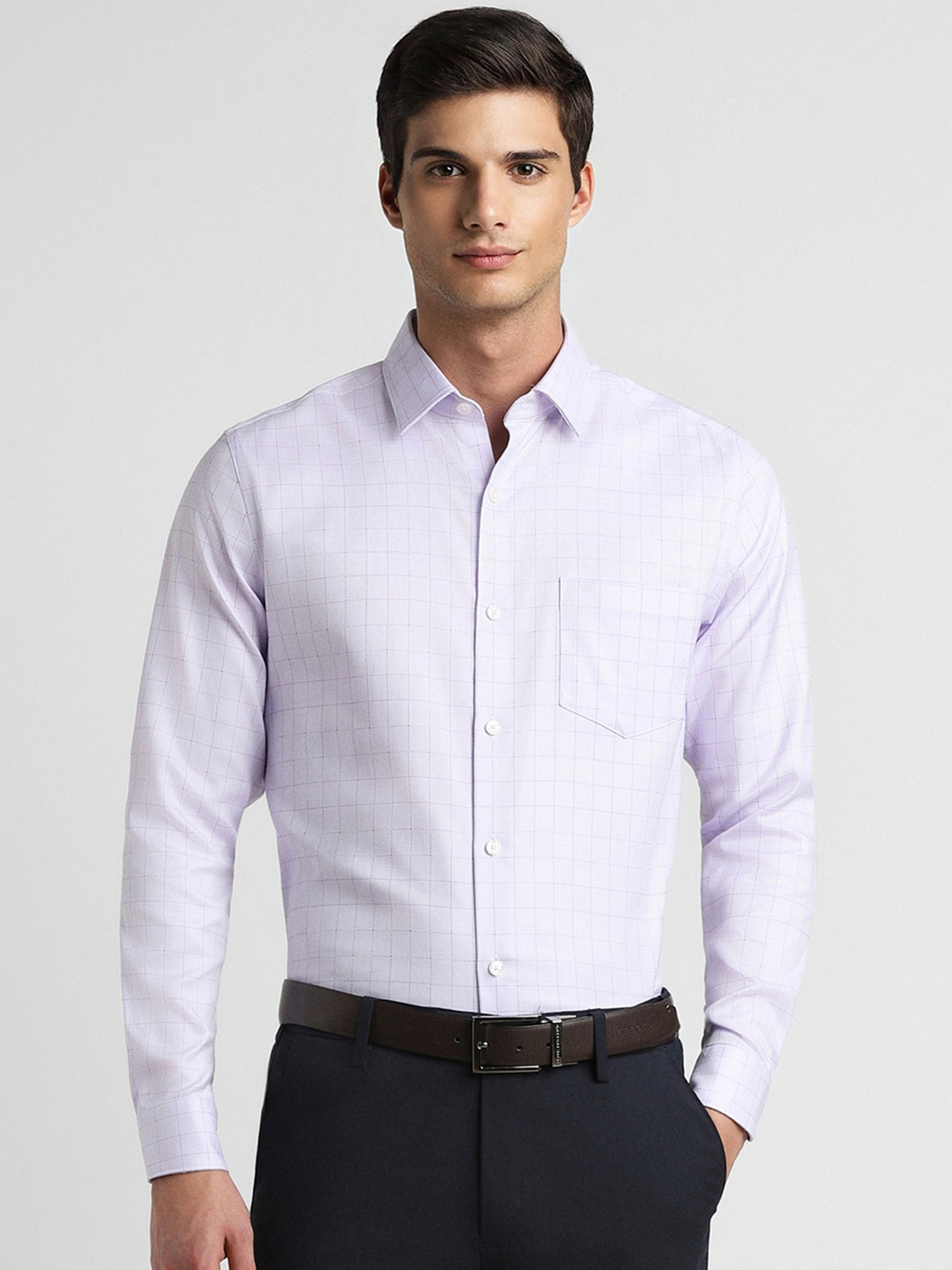 

Peter England Elite Slim Fit Checked Pure Cotton Formal Shirt, Purple