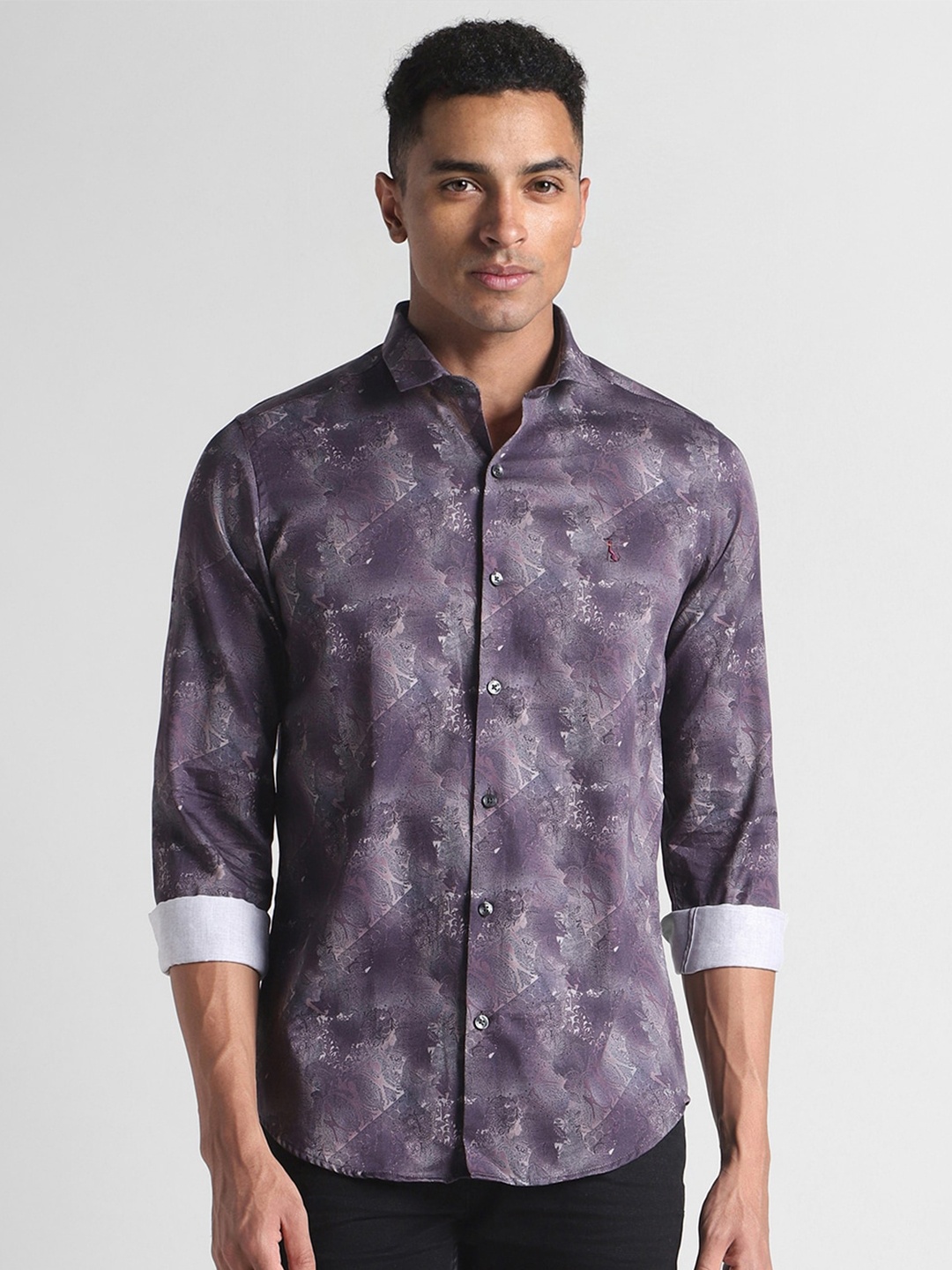 

SIMON CARTER LONDON Slim Fit Ethnic Motifs Printed Spread Collar Cotton Casual Shirt, Purple