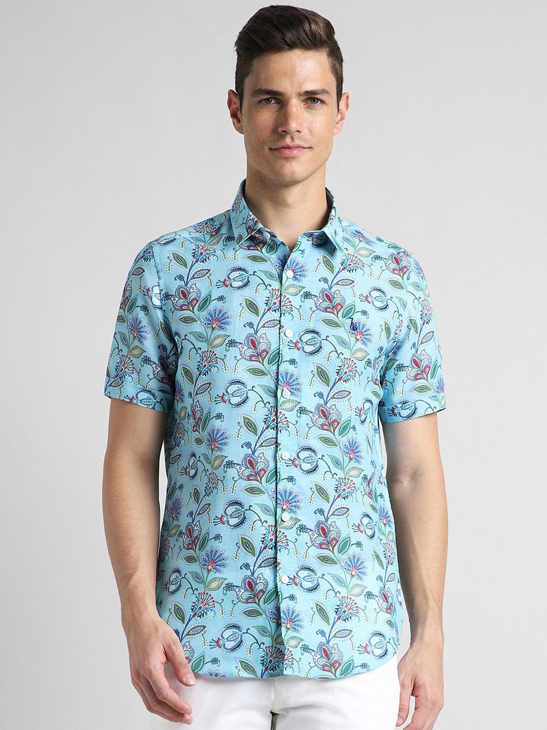 

SIMON CARTER LONDON Slim Fit Floral Printed Spread Collar Casual Shirt, Blue