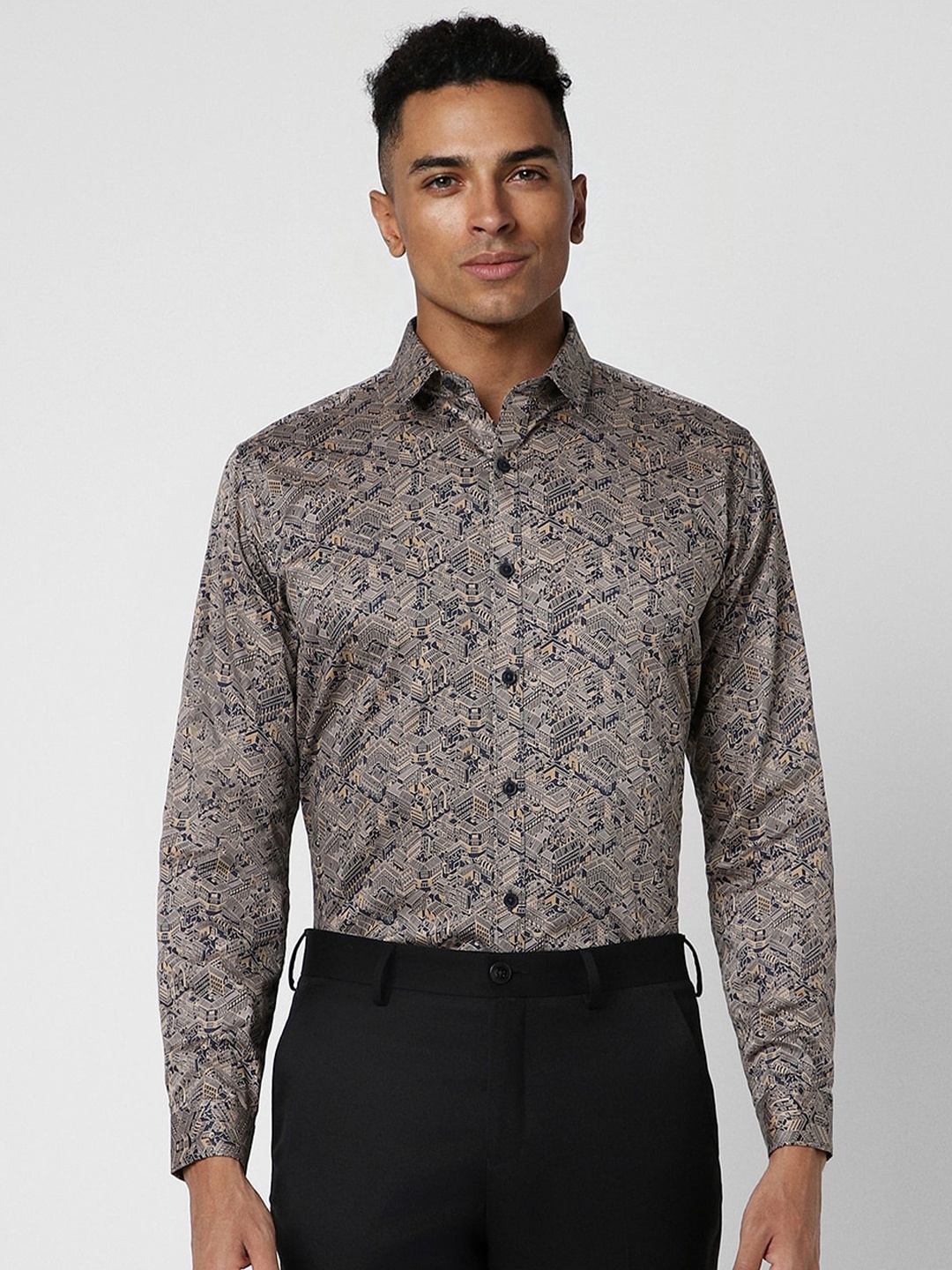 

V Dot Slim Fit Geometric Printed Spread Collar Casual Shirt, Navy blue