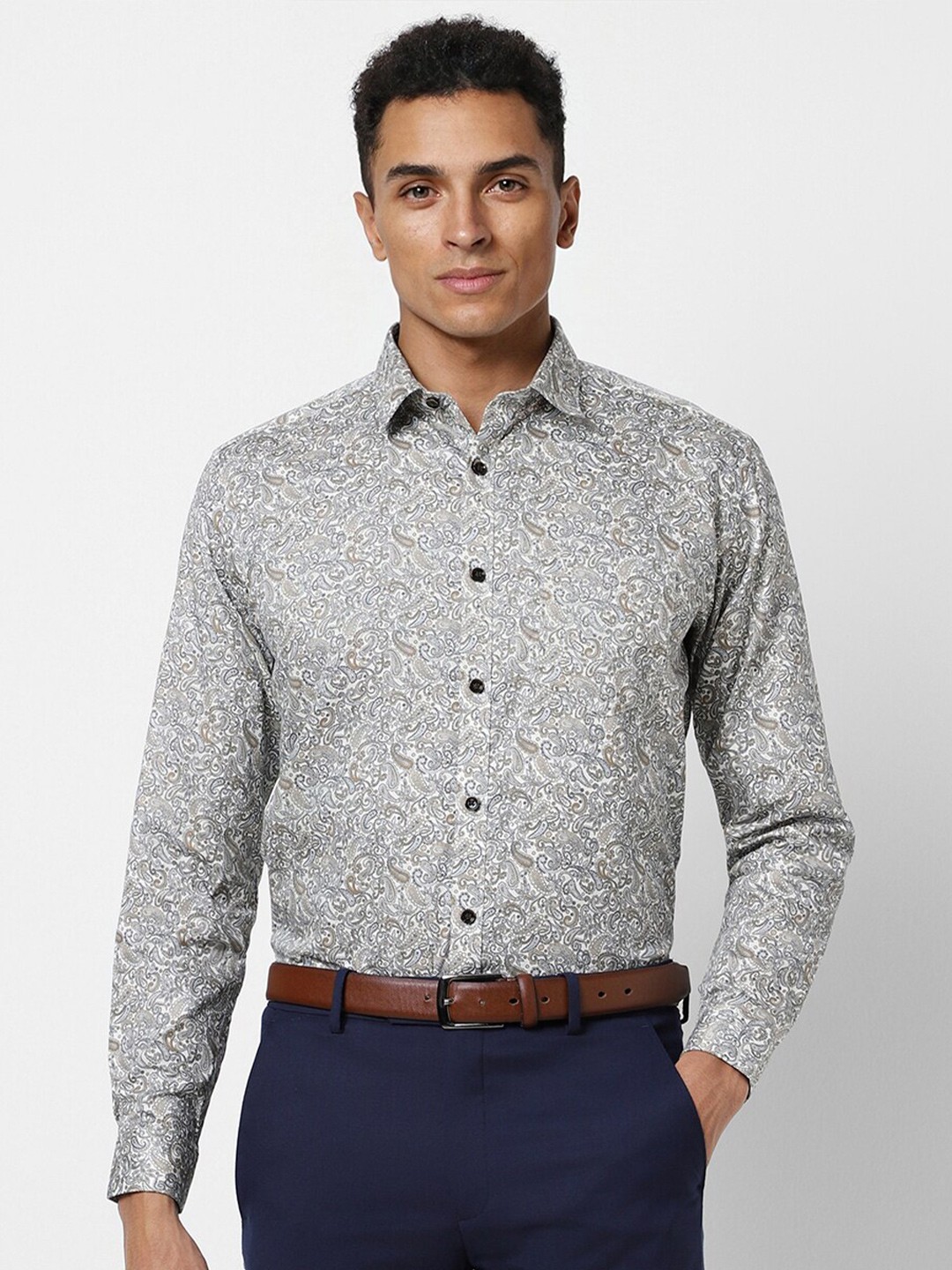 

V Dot Printed Slim Fit Classic Casual Shirt, Grey