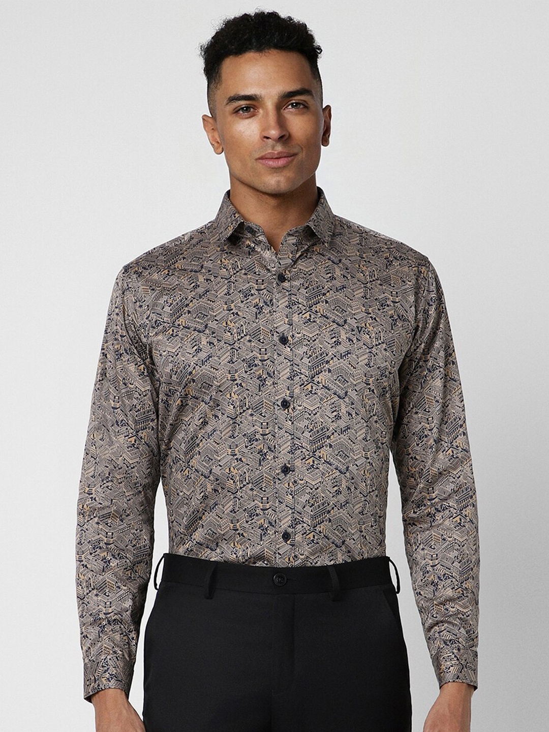 

V Dot Printed Slim Fit Classic Casual Shirt, Beige