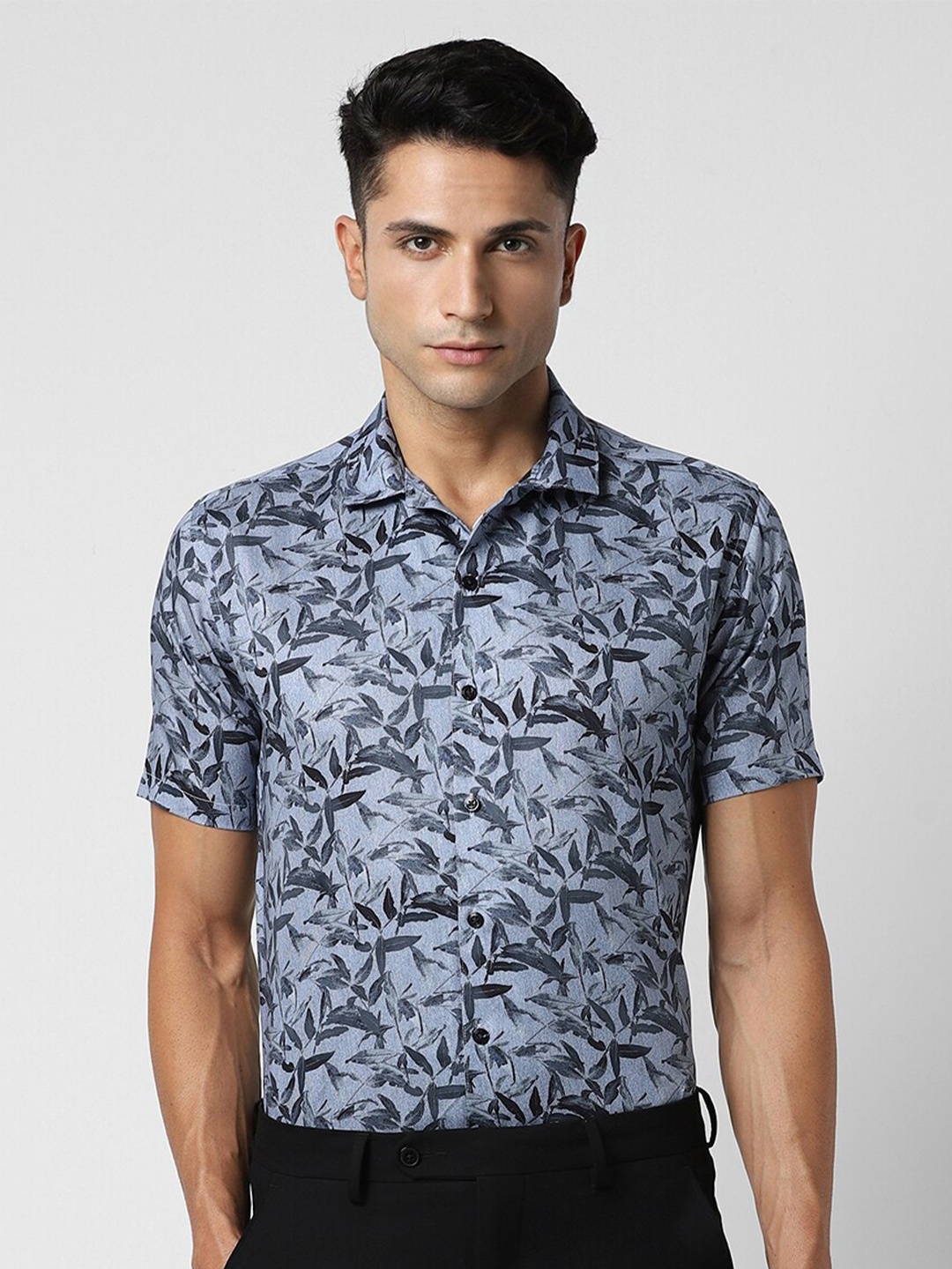 

V Dot Printed Slim Fit Classic Cotton Casual Shirt, Blue