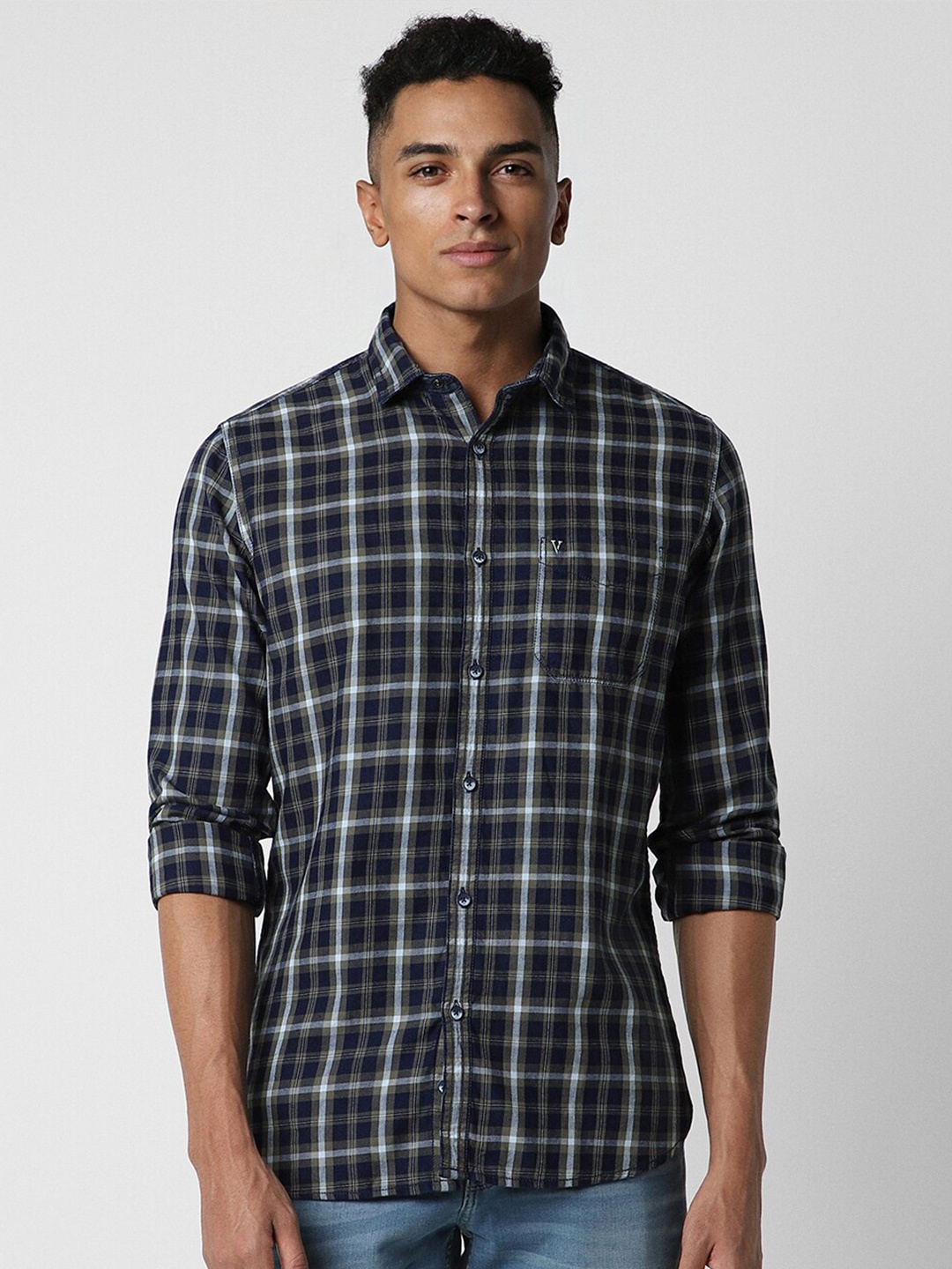 

VAN HEUSEN DENIM LABS Slim Fit Tartan Checked Pure Cotton Casual Shirt, Navy blue