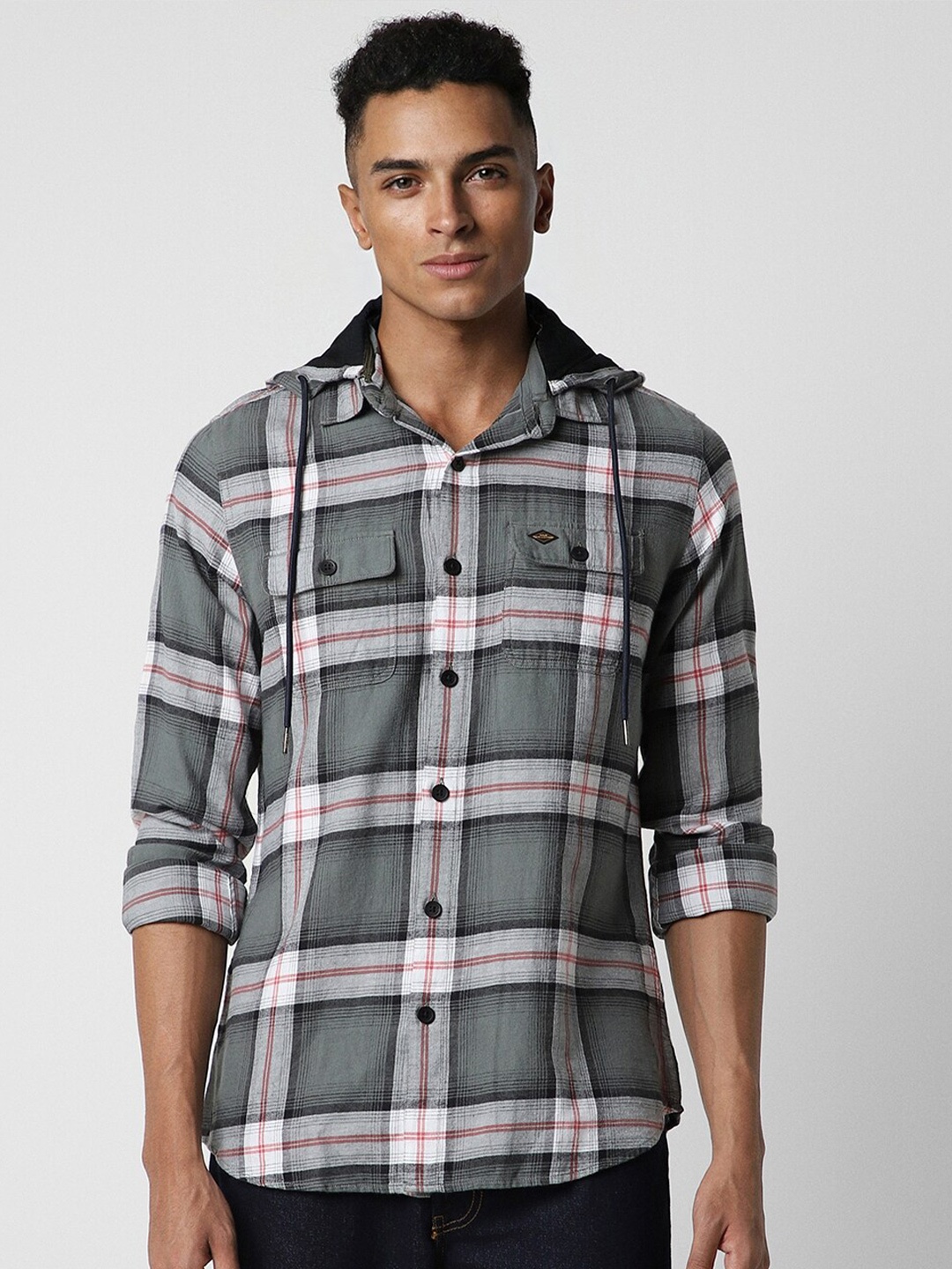 

VAN HEUSEN DENIM LABS Slim Fit Tartan Checked Hooded Opaque Pure Cotton Casual Shirt, Grey