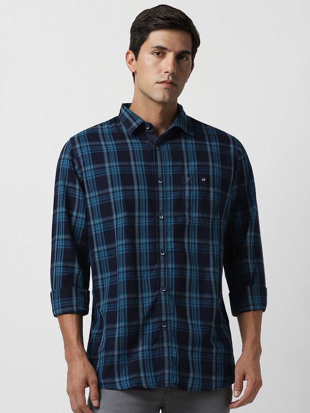 

VAN HEUSEN DENIM LABS Slim Fit Tartan Checked Pure Cotton Casual Shirt, Navy blue