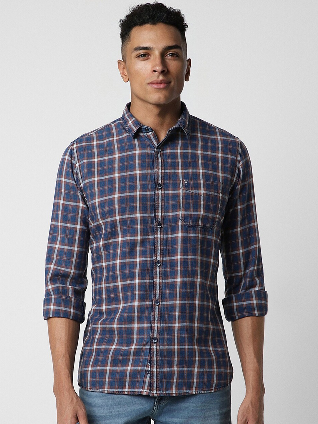 

VAN HEUSEN DENIM LABS Slim Fit Opaque Checked Pure Cotton Casual Shirt, Navy blue