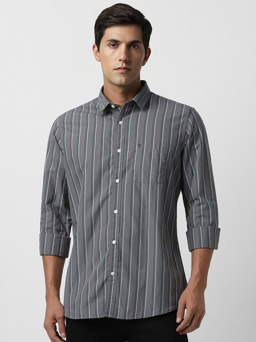 

Van Heusen Sport Slim Fit Opaque Vertical Striped Casual Pure Cotton Shirt, Grey