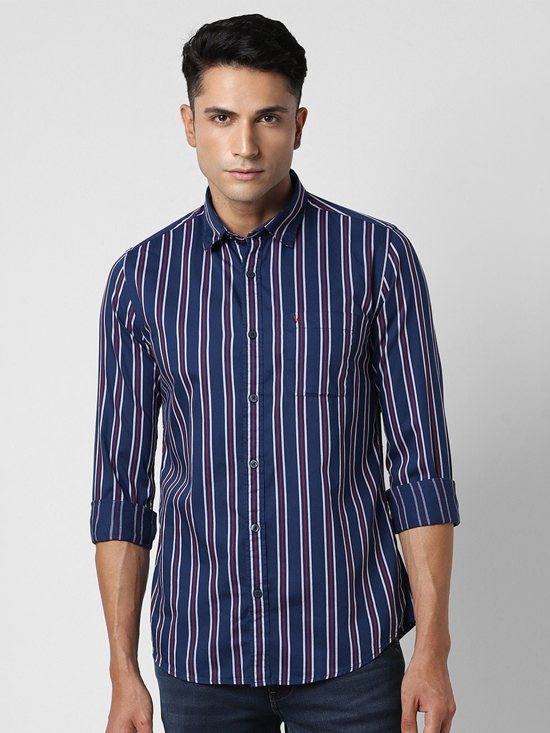

Van Heusen Sport Slim Fit Striped Pure Cotton Casual Shirt, Navy blue