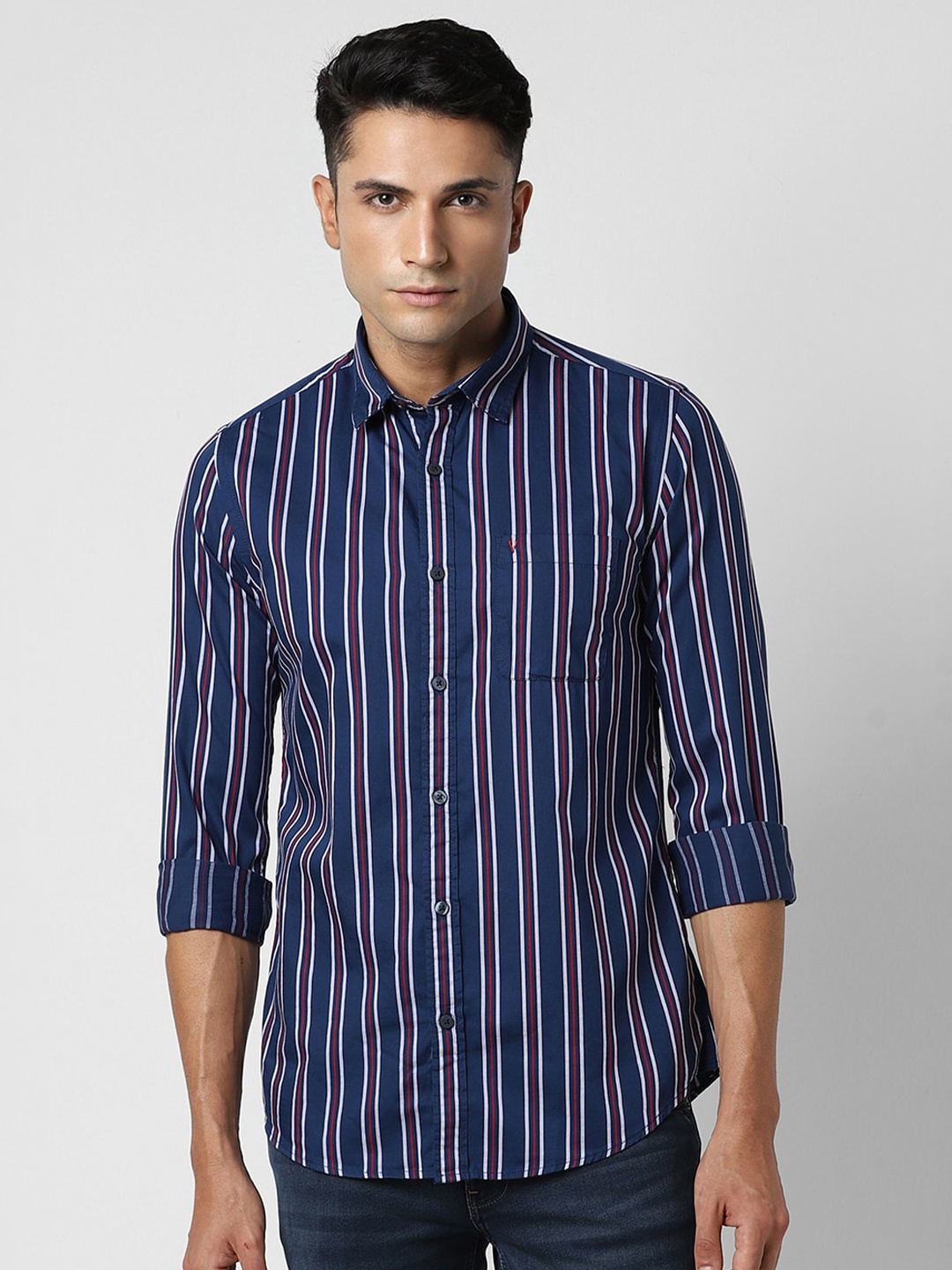 

Van Heusen Sport Striped Cotton Slim Fit Opaque Casual Shirt, Navy blue