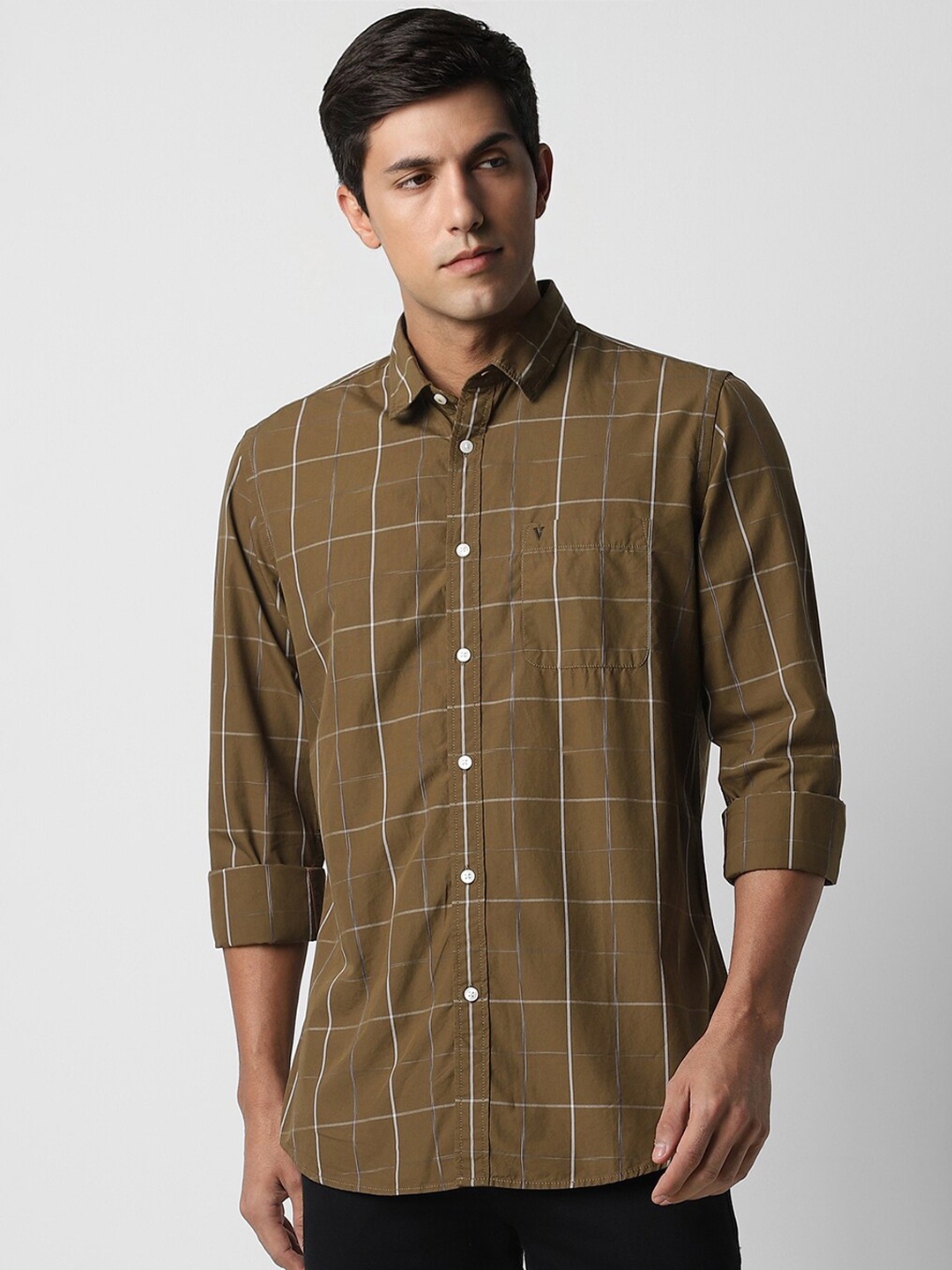 

Van Heusen Sport Windowpane Checked Slim Fit Pure Cotton Casual Shirt, Olive