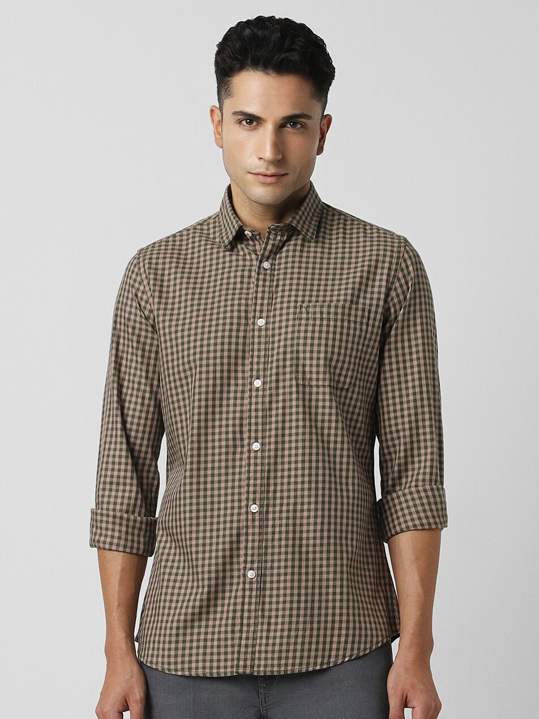 

Van Heusen Sport Slim Fit Micro Checked Pure Cotton Casual Shirt, Olive