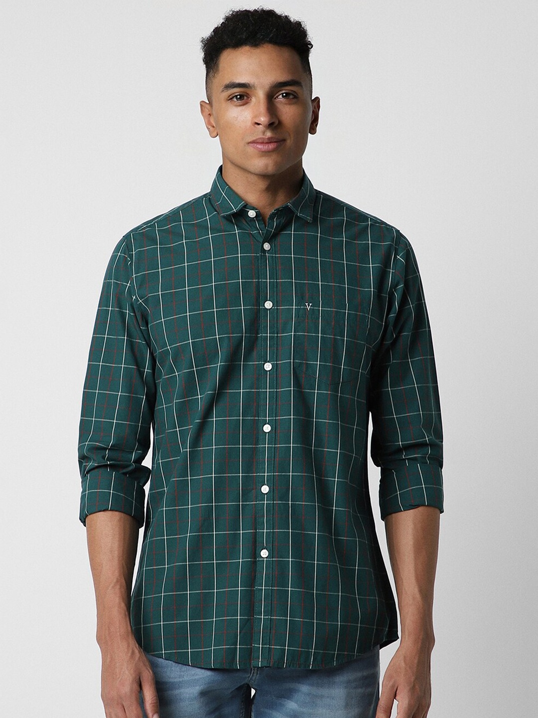 

Van Heusen Sport Slim Fit Windowpane Checked Opaque Pure Cotton Casual Shirt, Green