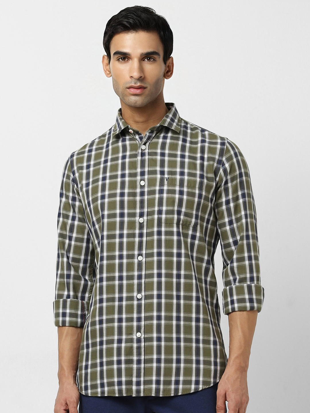 

Van Heusen Sport Slim Fit Tartan Checks Pure Cotton Casual Shirt, Olive