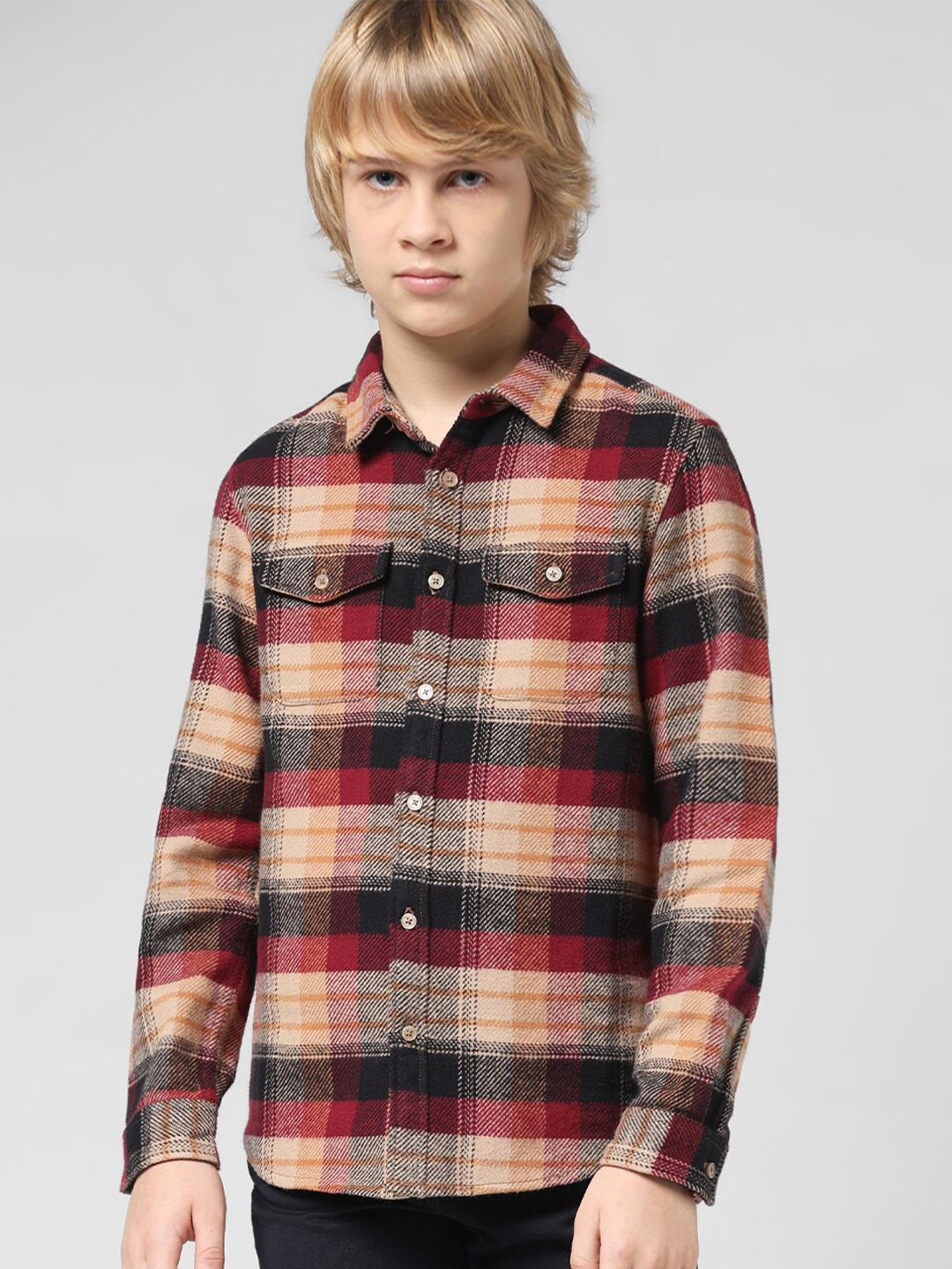 

Jack & Jones Junior Boys Tartan Checks Spread Collar Cotton Casual Shirt, Beige