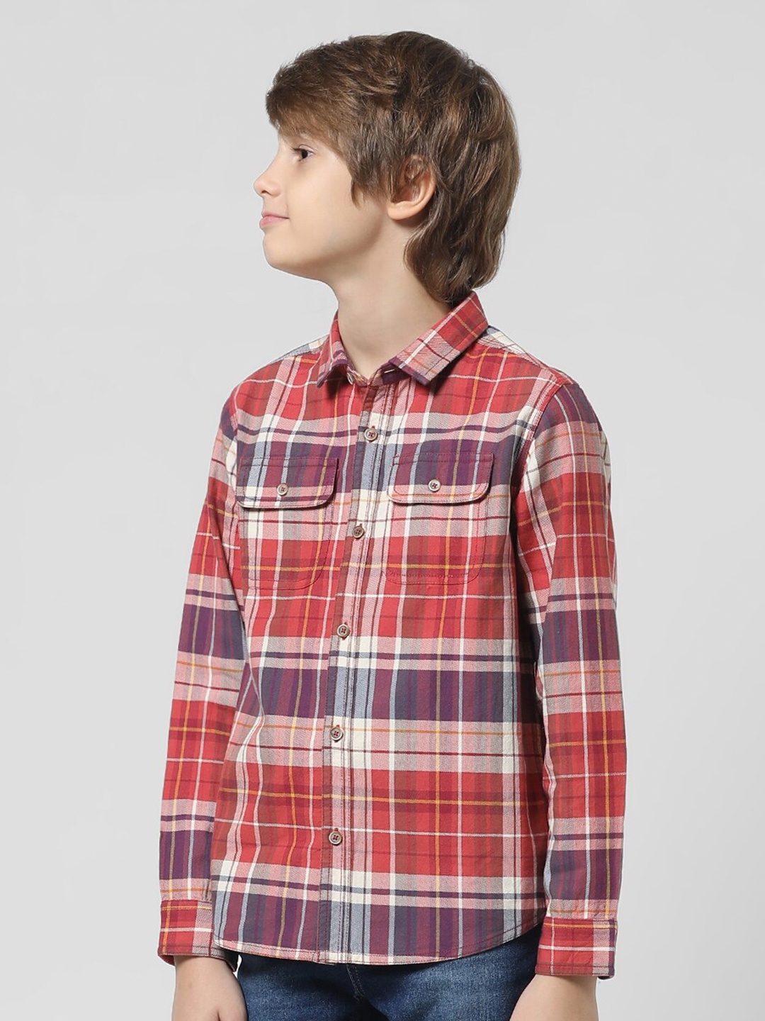 

Jack & Jones Junior Boys Tartan Checks Spread Collar Cotton Casual Shirt, Red