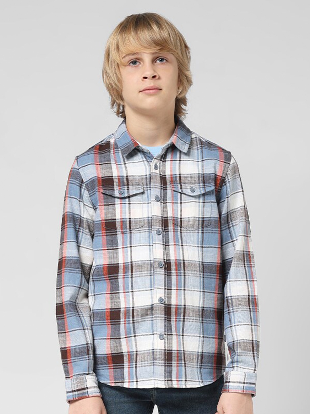 

Jack & Jones Junior Boys Tartan Checks Spread Collar Cotton Casual Shirt, White