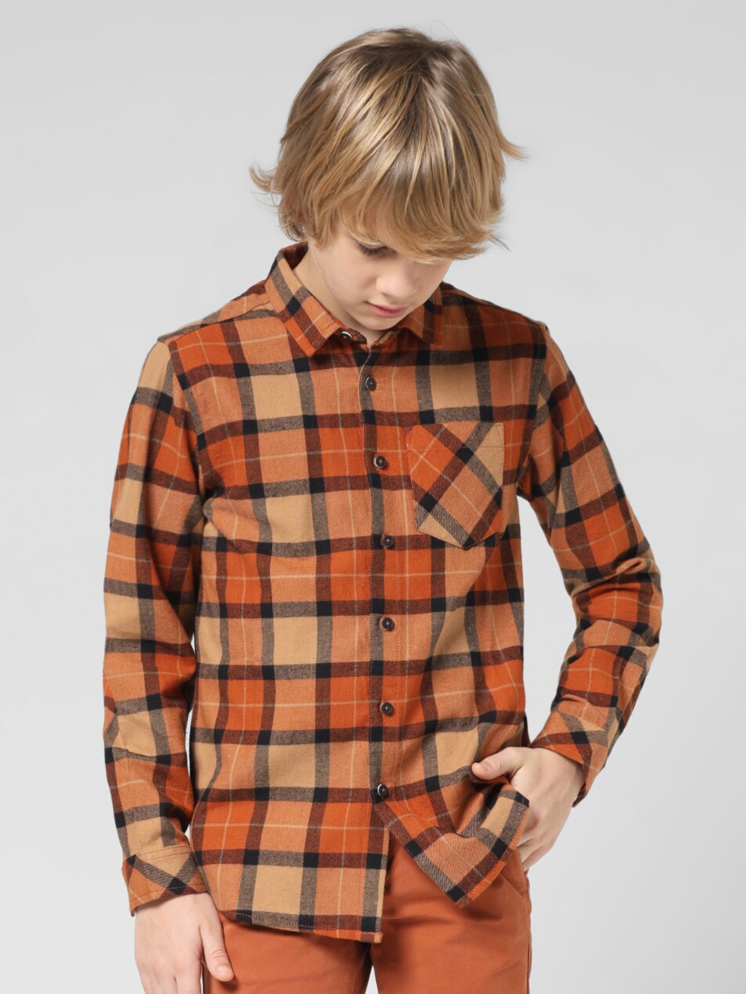 

Jack & Jones Junior Boys Tartan Checked Spread Collar Pure Cotton Casual Shirt, Orange