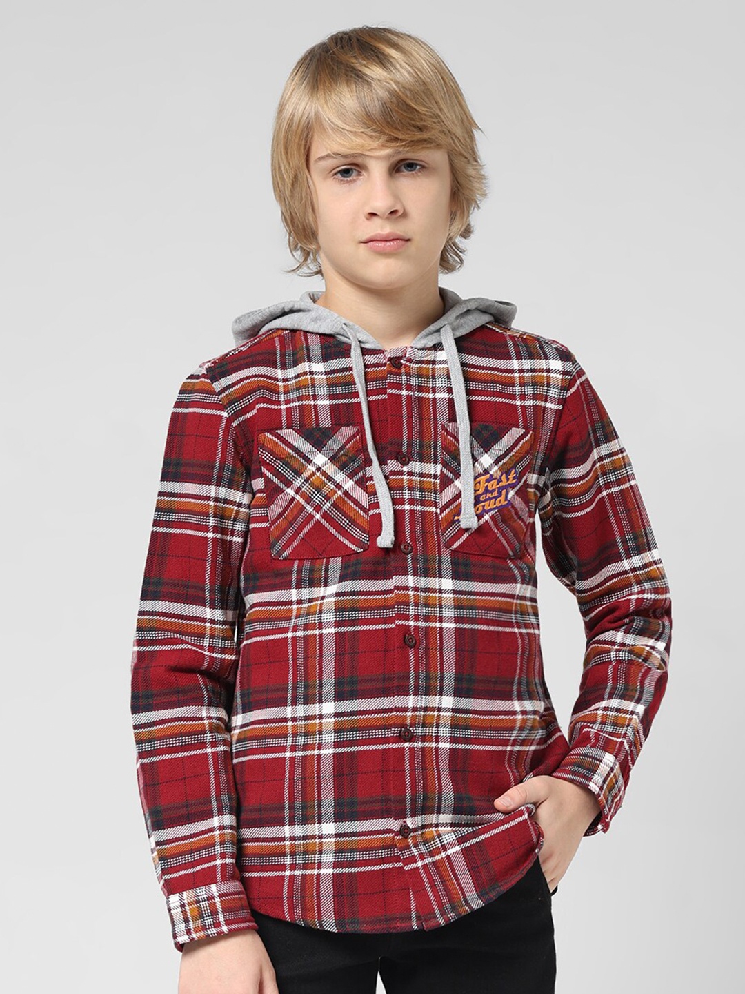 

Jack & Jones Junior Boys Tartan Checked Hood Long Sleeves Pure Cotton Casual Shirt, Maroon