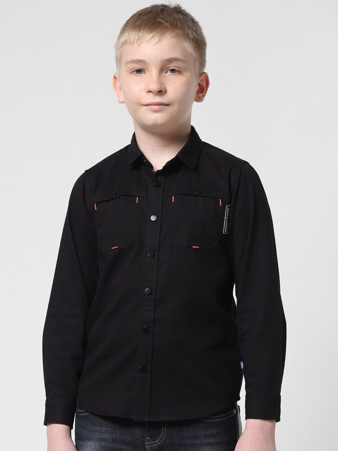 

Jack & Jones Junior Boys Spread Collar Long Sleeves Pure Cotton Casual Shirt, Black