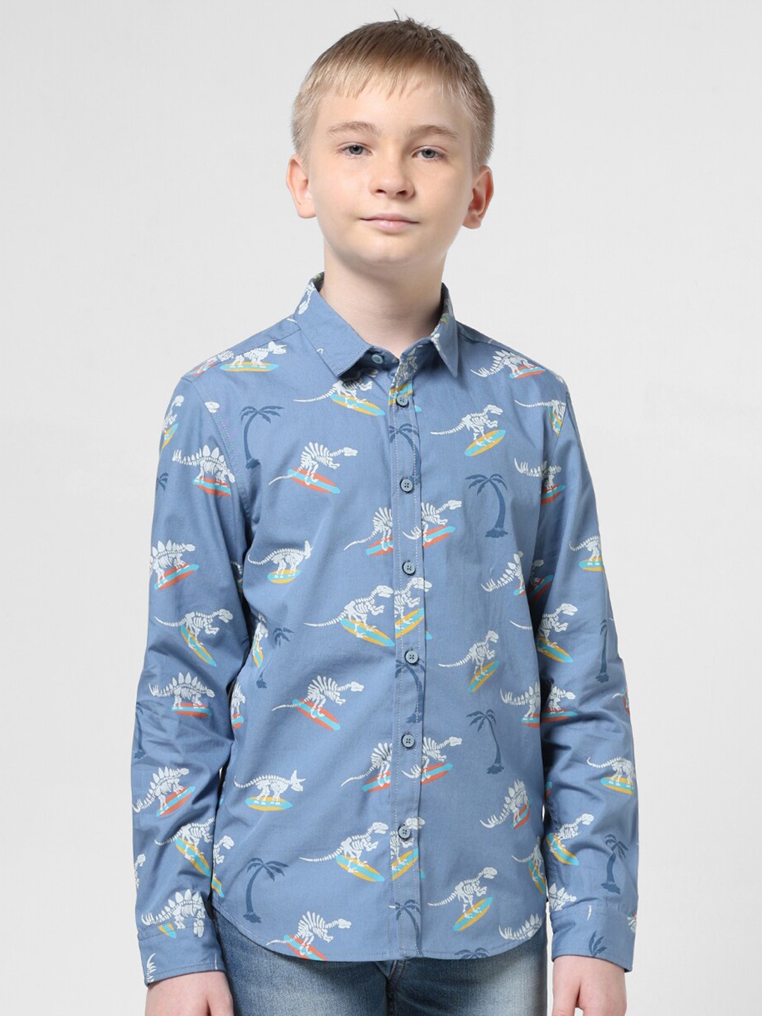 

Jack & Jones Junior Boys Conversational Printed Spread Collar Pure Cotton Casual Shirt, Blue