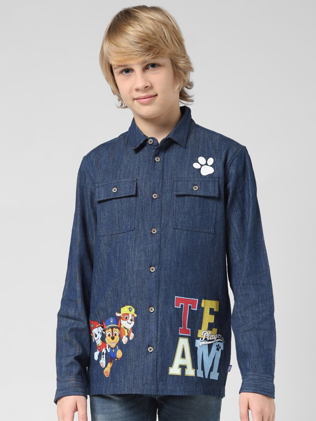 

Jack & Jones Junior Boys Pow Patrol Printed Pure Cotton Denim Casual Shirt, Blue