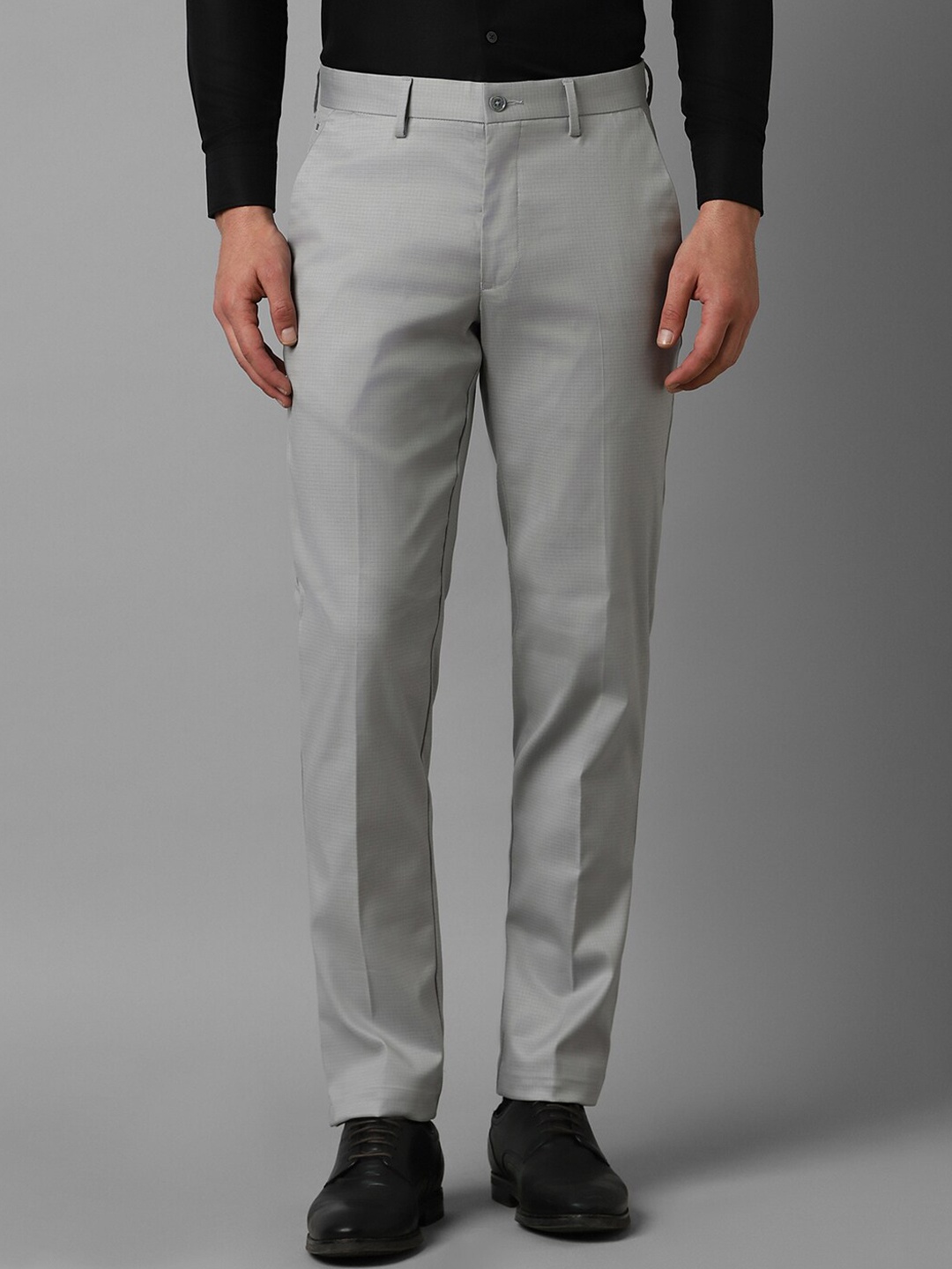 

Louis Philippe Men Slim Fit Mid-Rise Plain Cotton Formal Trousers, Grey