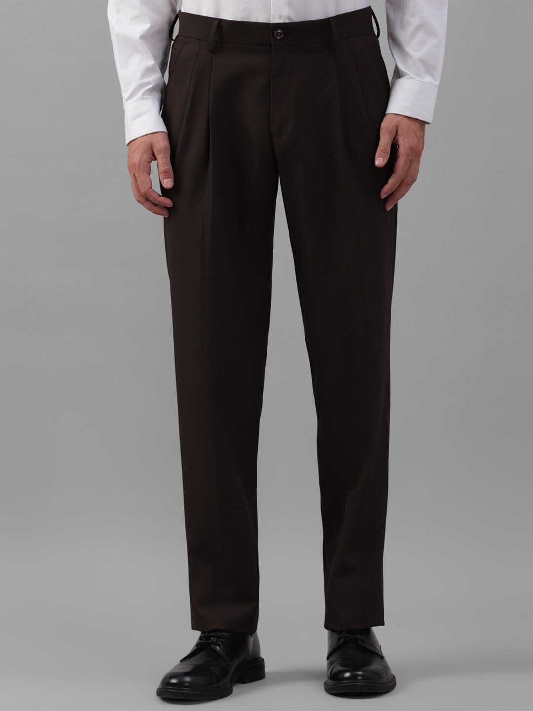 

Louis Philippe Men Regular Fit Mid-Rise Plain Formal Trousers, Brown