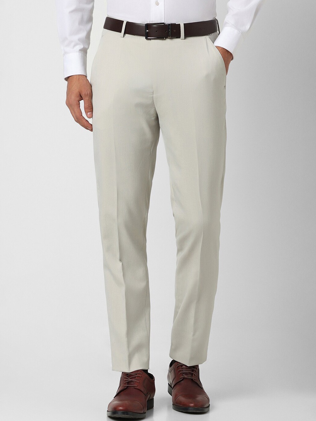 

Peter England Men Slim Fit Mid-Rise Formal Trousers, Cream