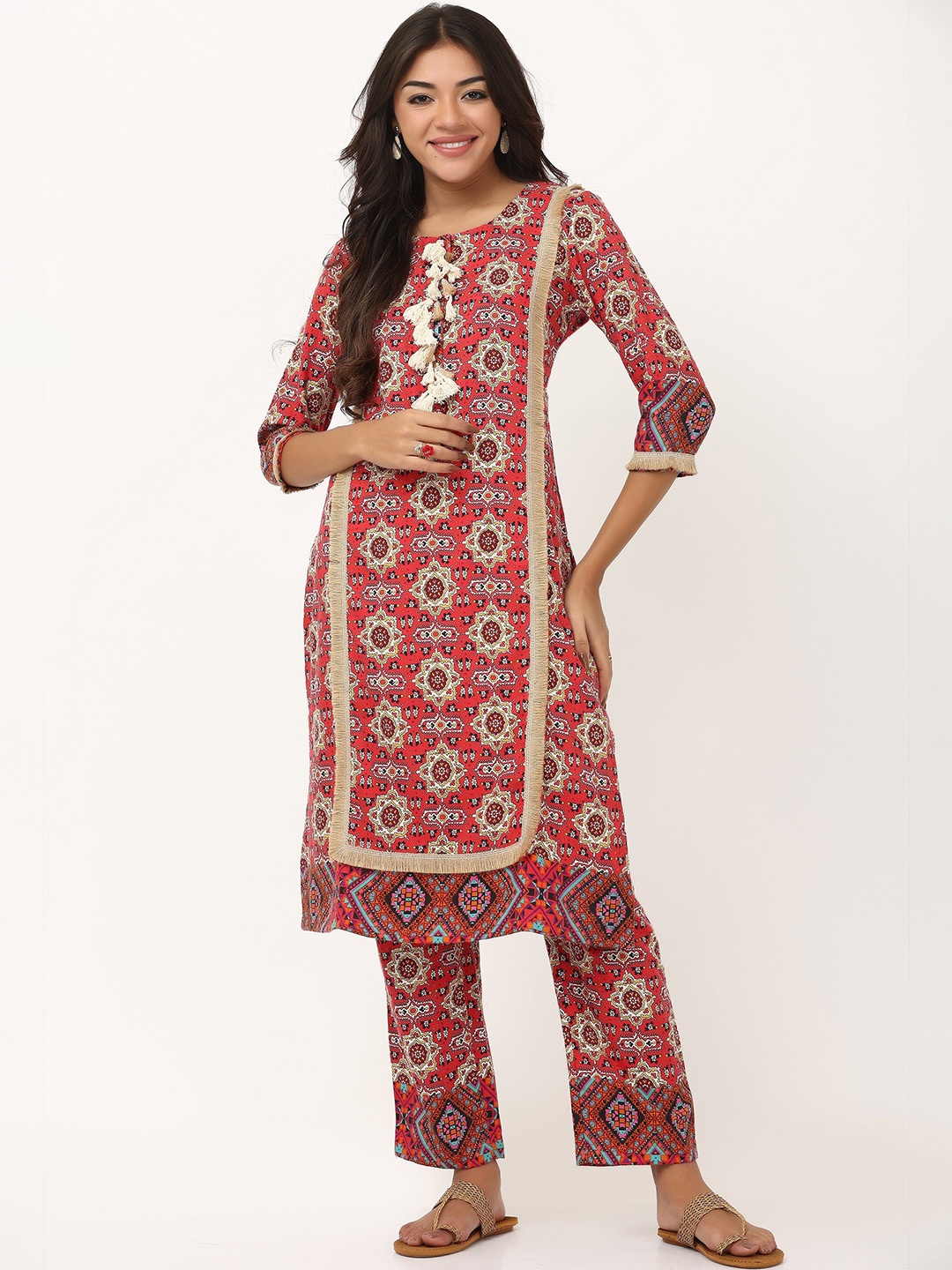 

TSM Ethnic Motifs Printed Round Neck Straight Kurta, Red