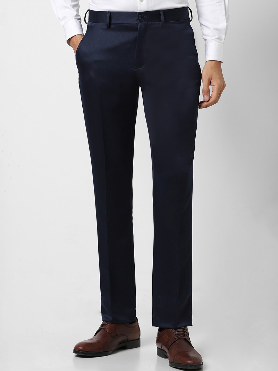 

V Dot Men Mid-Raise Clean Look Skinny Fit Trousers, Navy blue