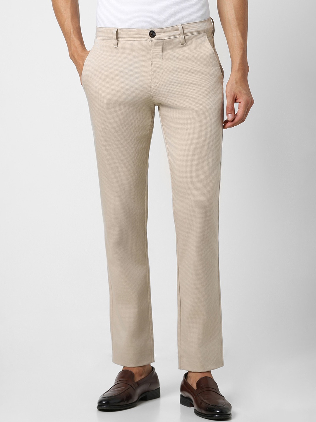 

V Dot Men Mid-Raise Clean Look Slim Fit Trousers, Beige