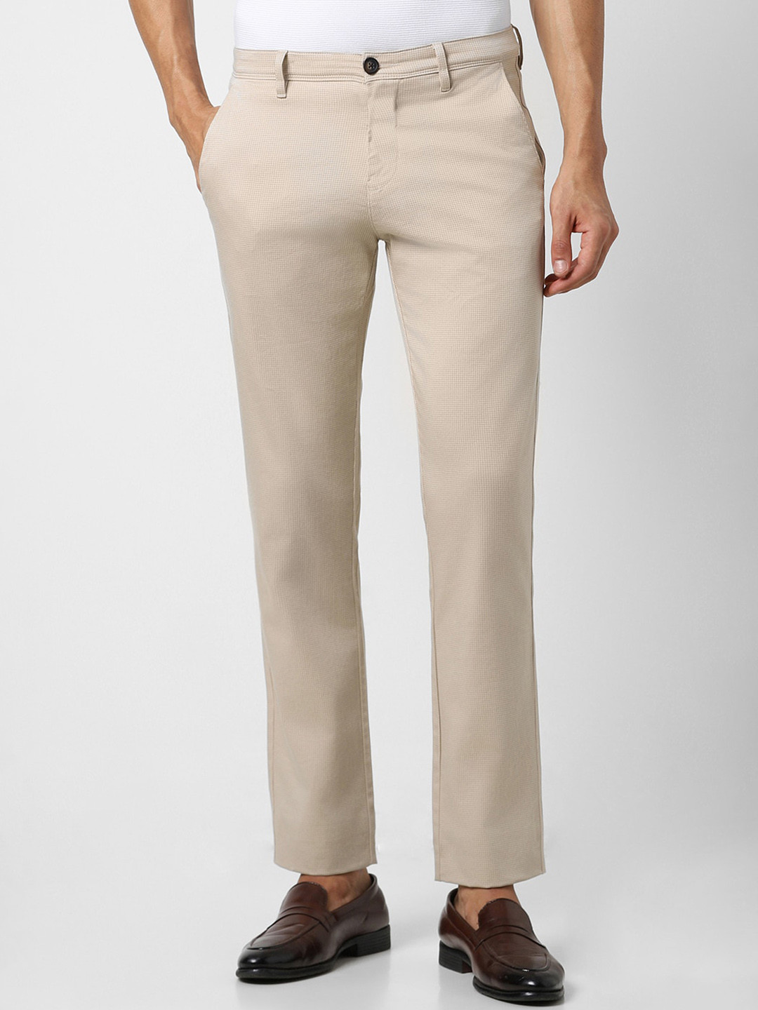 

V Dot Men Mid-Raise Clean Look Slim Fit Trousers, Beige
