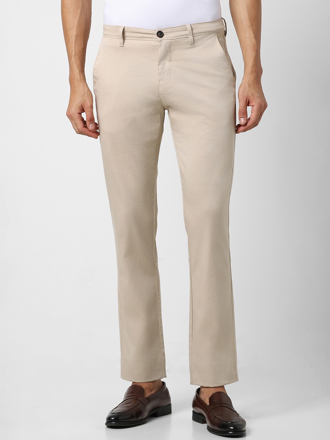 

V Dot Men Mid-Raise Clean Look Slim Fit Trousers, Beige