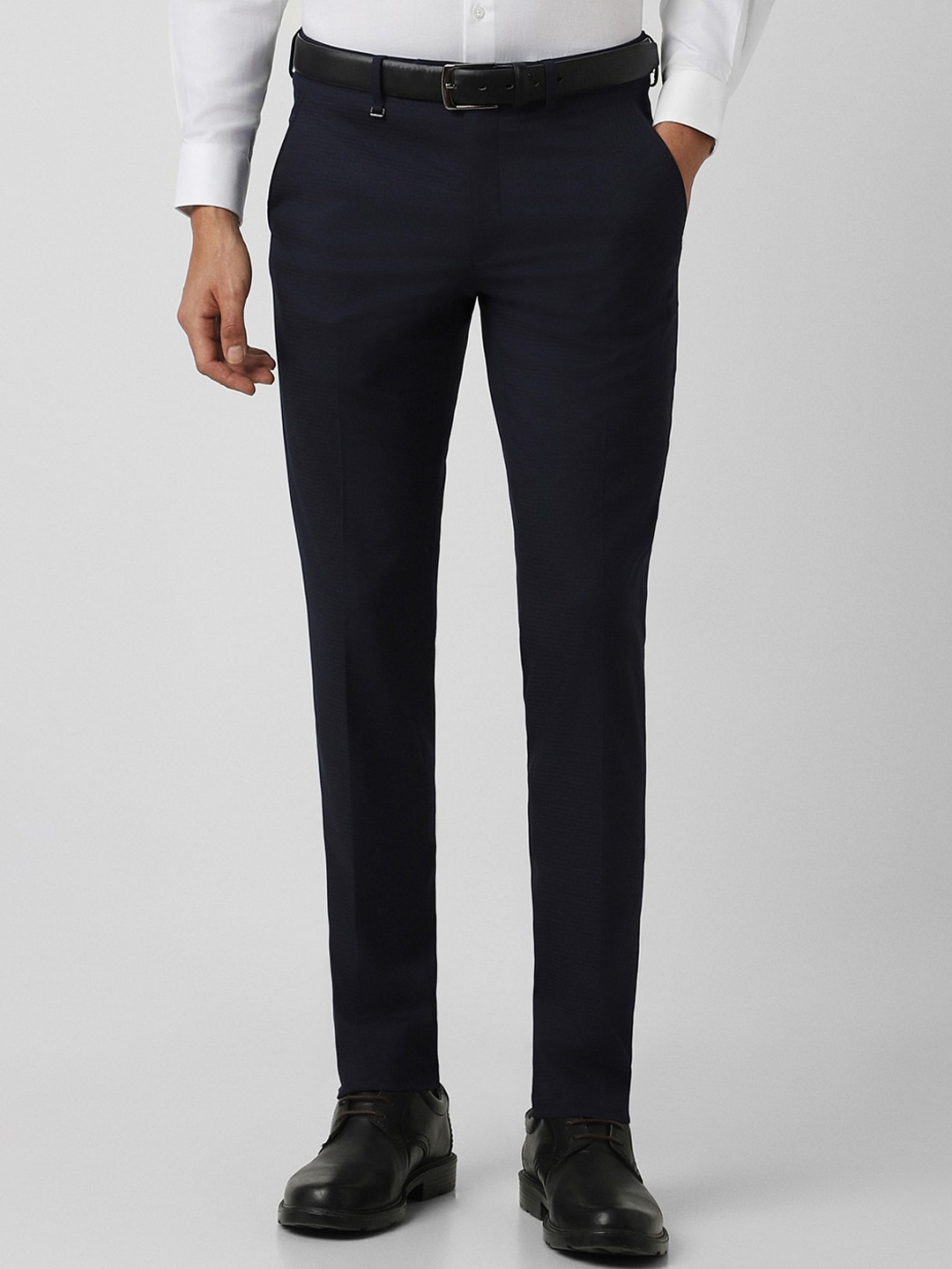 

Van Heusen Men Plain Flat-Front Slim Fit Formal Trousers, Navy blue