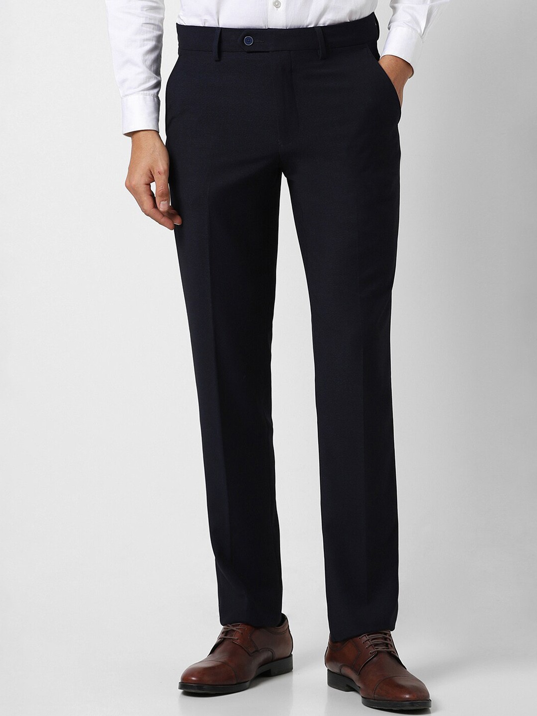 

Van Heusen Men Mid Rise Slim Fit Plain Formal Trousers, Navy blue