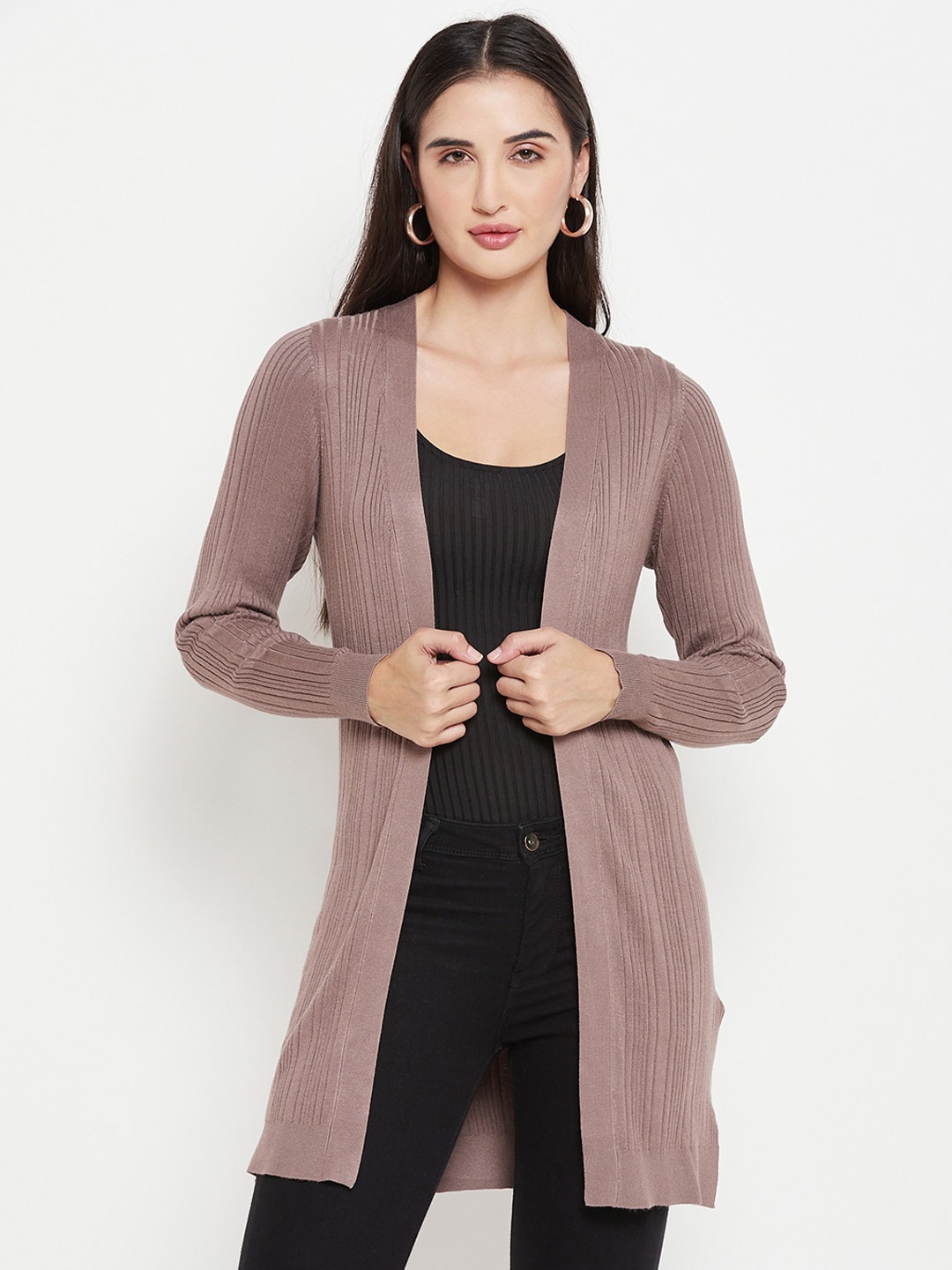 

Madame Striped Longline Acrylic Open Front Shrug, Coffee brown