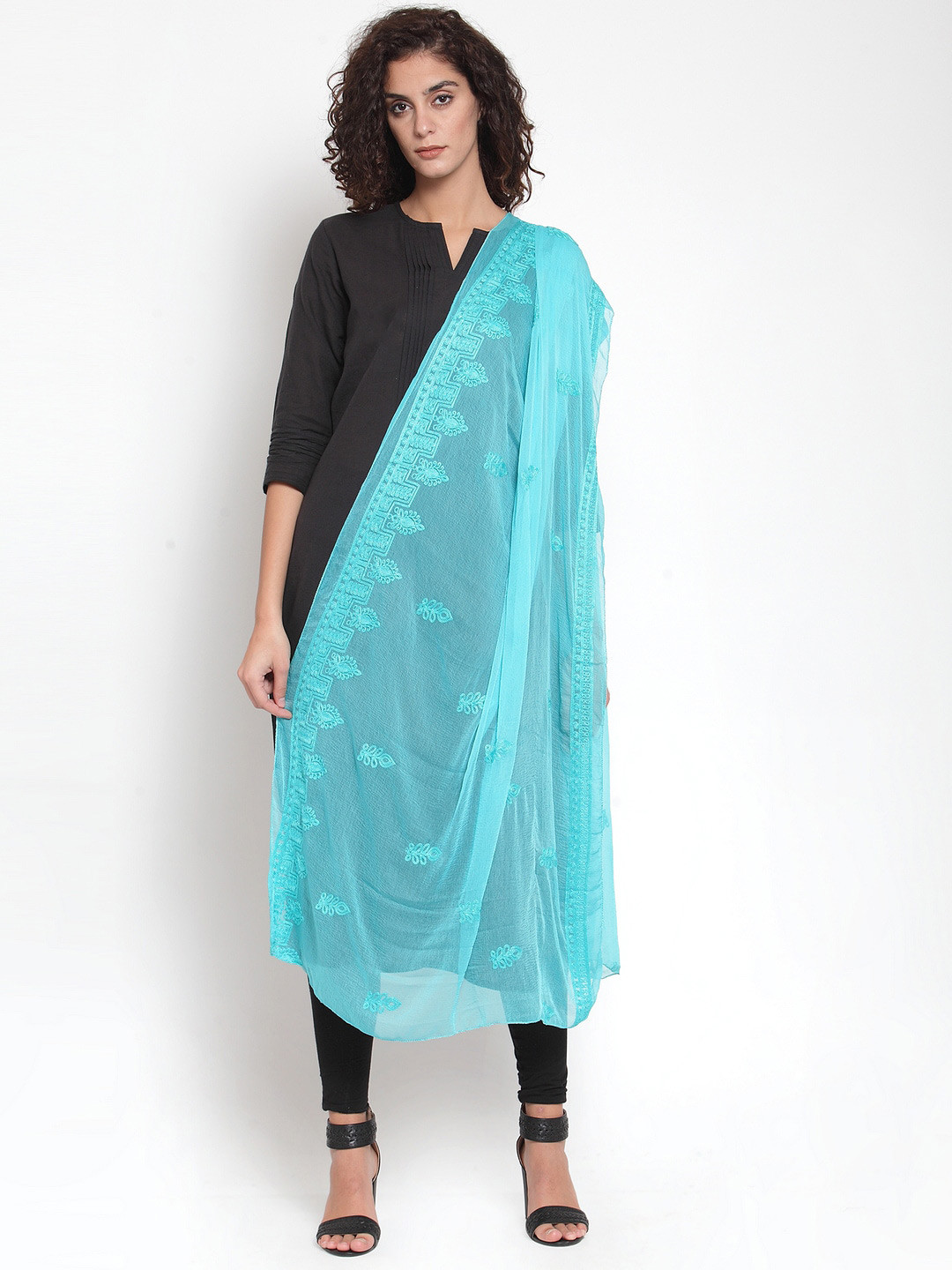 

mf Ethnic Motifs Embroidered Chiffon Dupatta with Thread Work, Blue