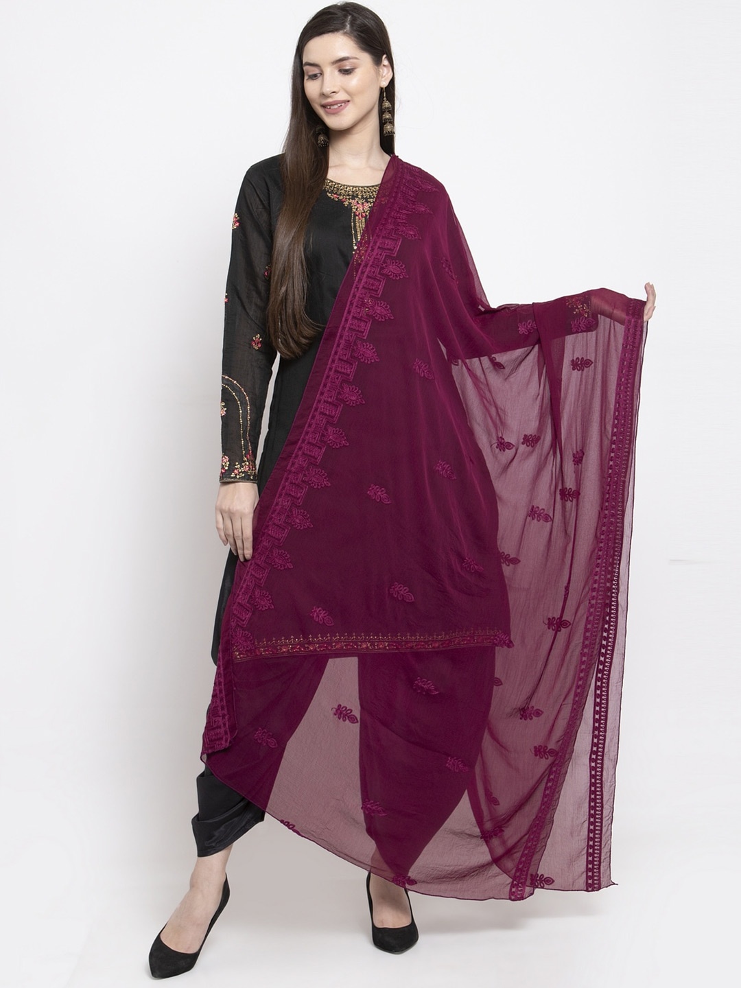 

mf Ethnic Motifs Embroidered Chiffon Dupatta, Burgundy