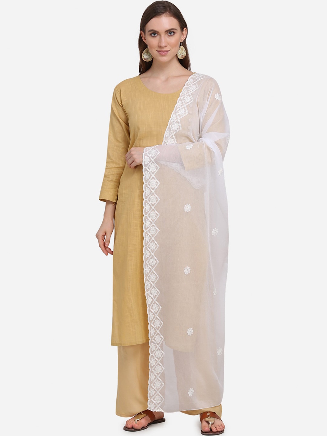 

mf Floral Embroidered Chiffon Dupatta, White