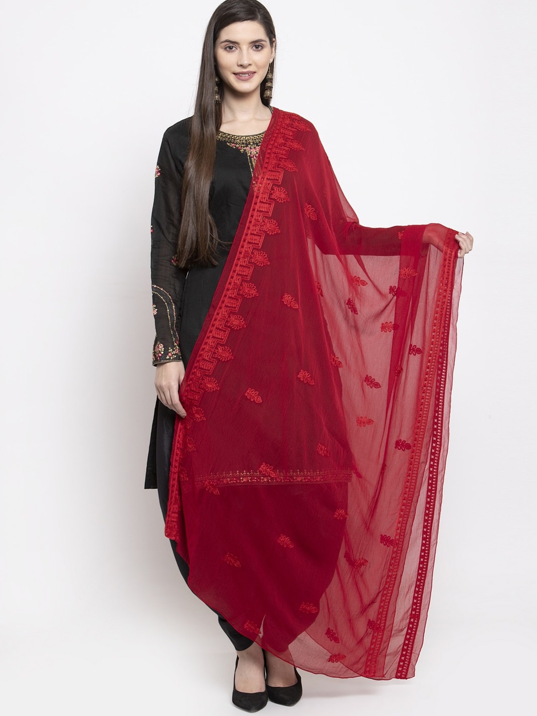 

mf Ethnic Motifs Embroidered Chiffon Dupatta, Maroon